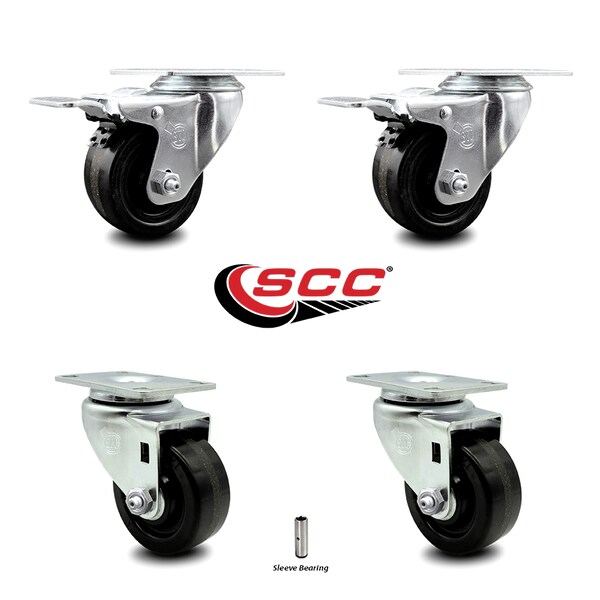 3.5 Inch Phenolic Wheel Swivel Top Plate Caster Total Lock Brakes SCC, 2PK